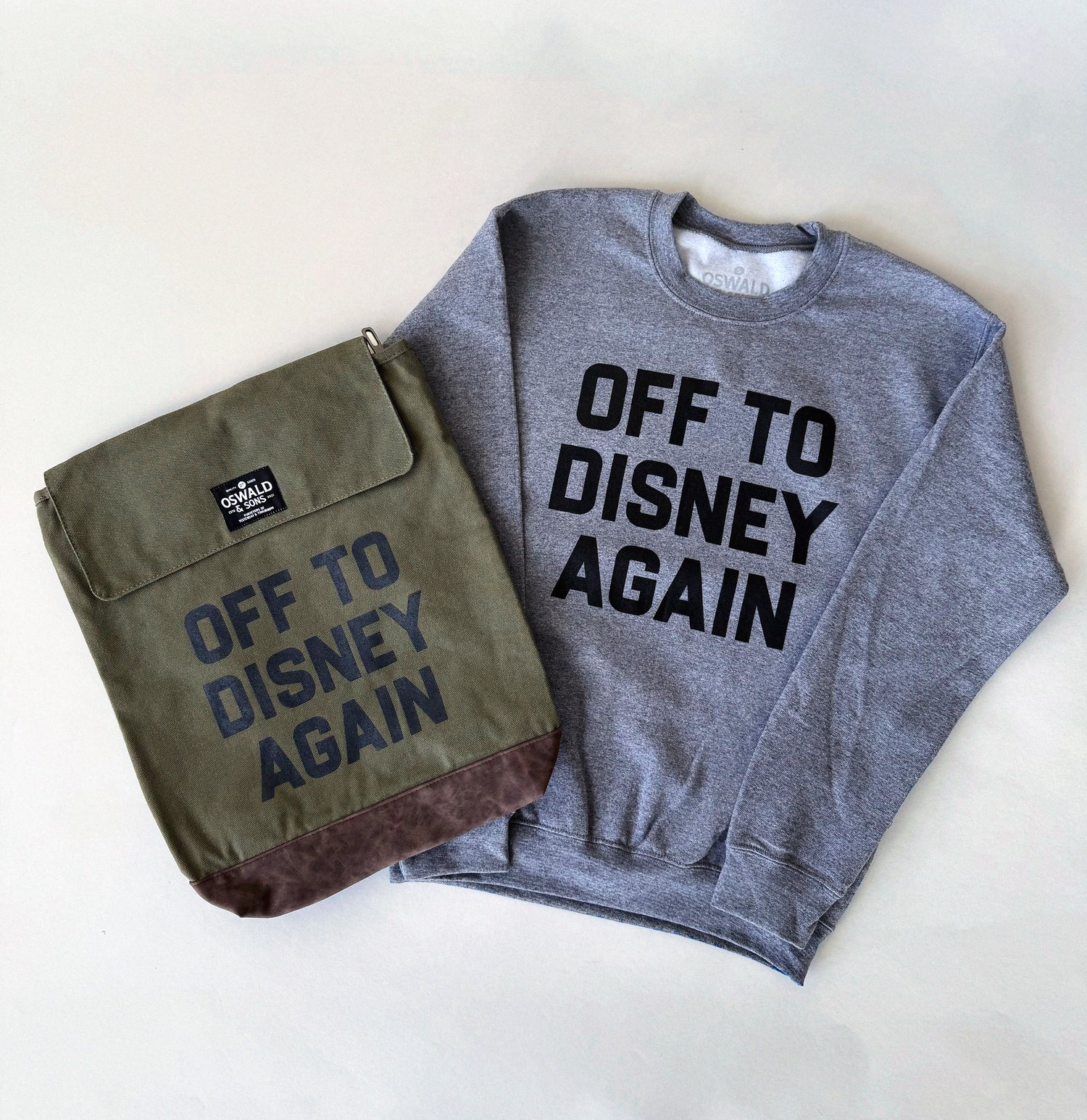 A sweatshirt and backpack featuring the phrase "Off to Disney again," suggesting excitement for a trip to Disney.