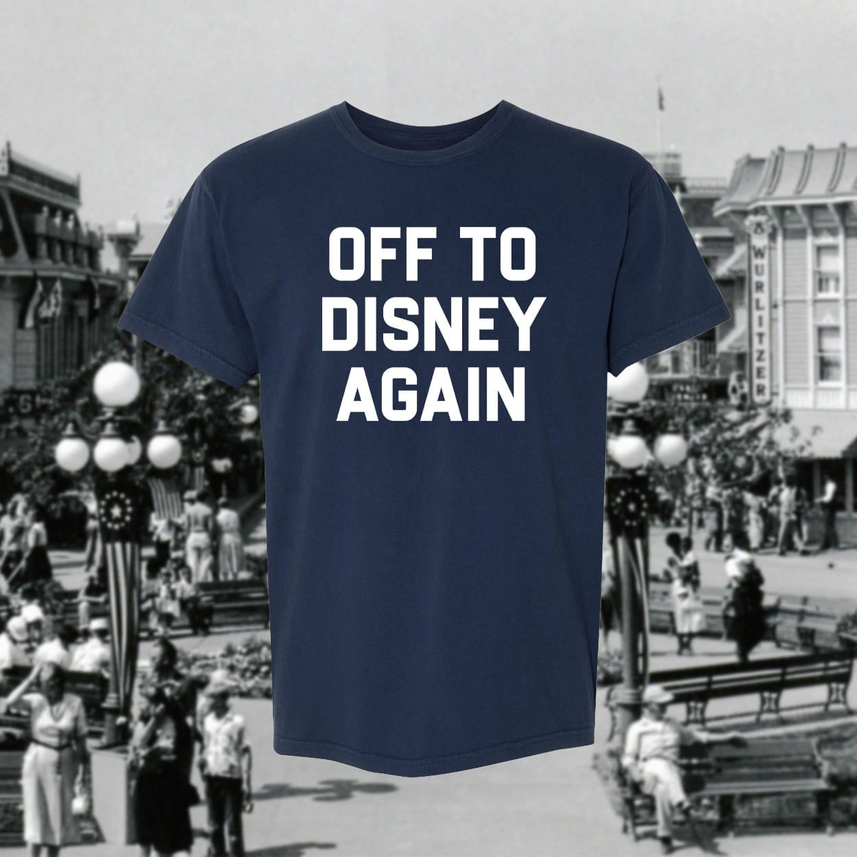 Navy blue t-shirt with 'OFF TO DISNEY AGAIN' text on a vintage-style background