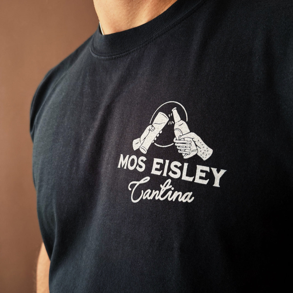 Close up of the front design of the Mos Eisley Cantina T-Shirt from Oswald & Sons